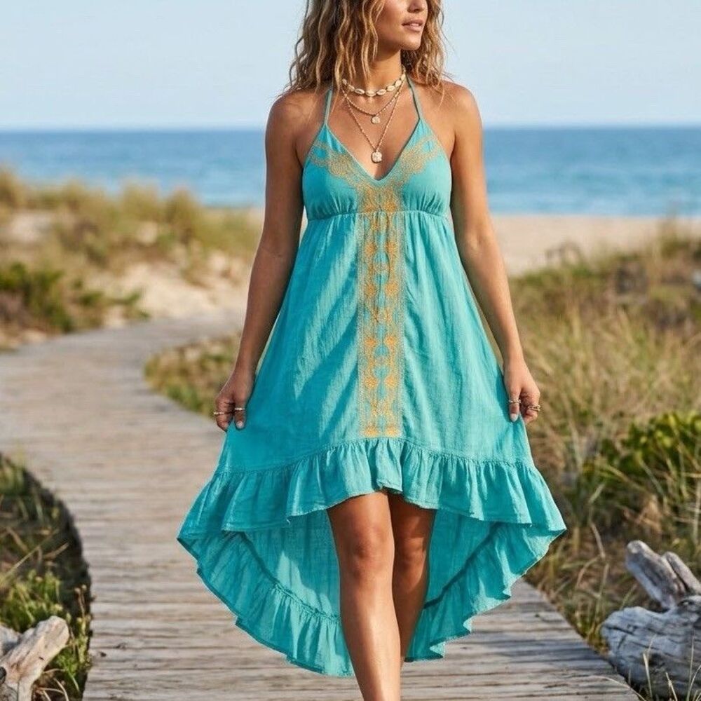 Rip Curl Carminita Teal Cotton Gauze Embroidered Halter High-Low Tiered Dress L